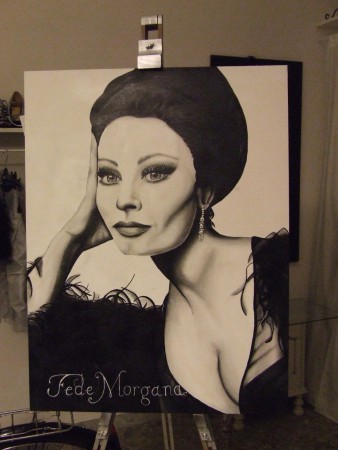 Ritratto Sofia Loren 50 x 70 cm acrilico su tela con applicazione Strass Artista: FedeMorgana